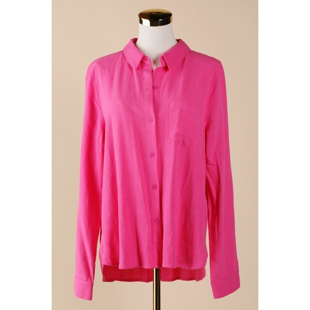 Sz M Lulus Fave Fit Hot Pink Linen Long Sleeve Collared Button Up Top NWOT